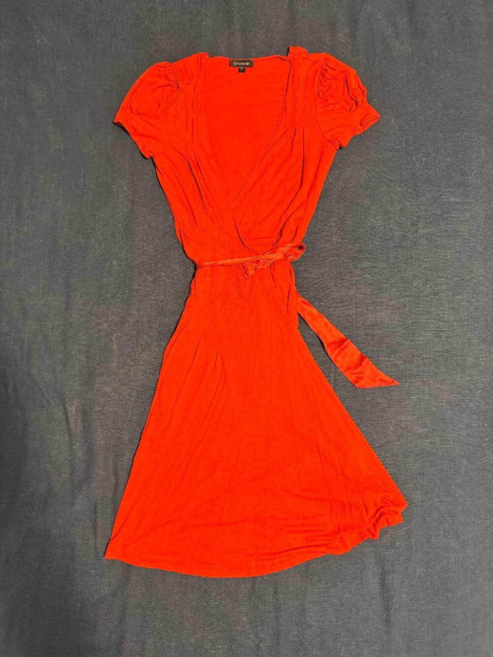 bebe vibrant red Wrap Puff Sleeve Midi Dress Satin Sash Size S USA